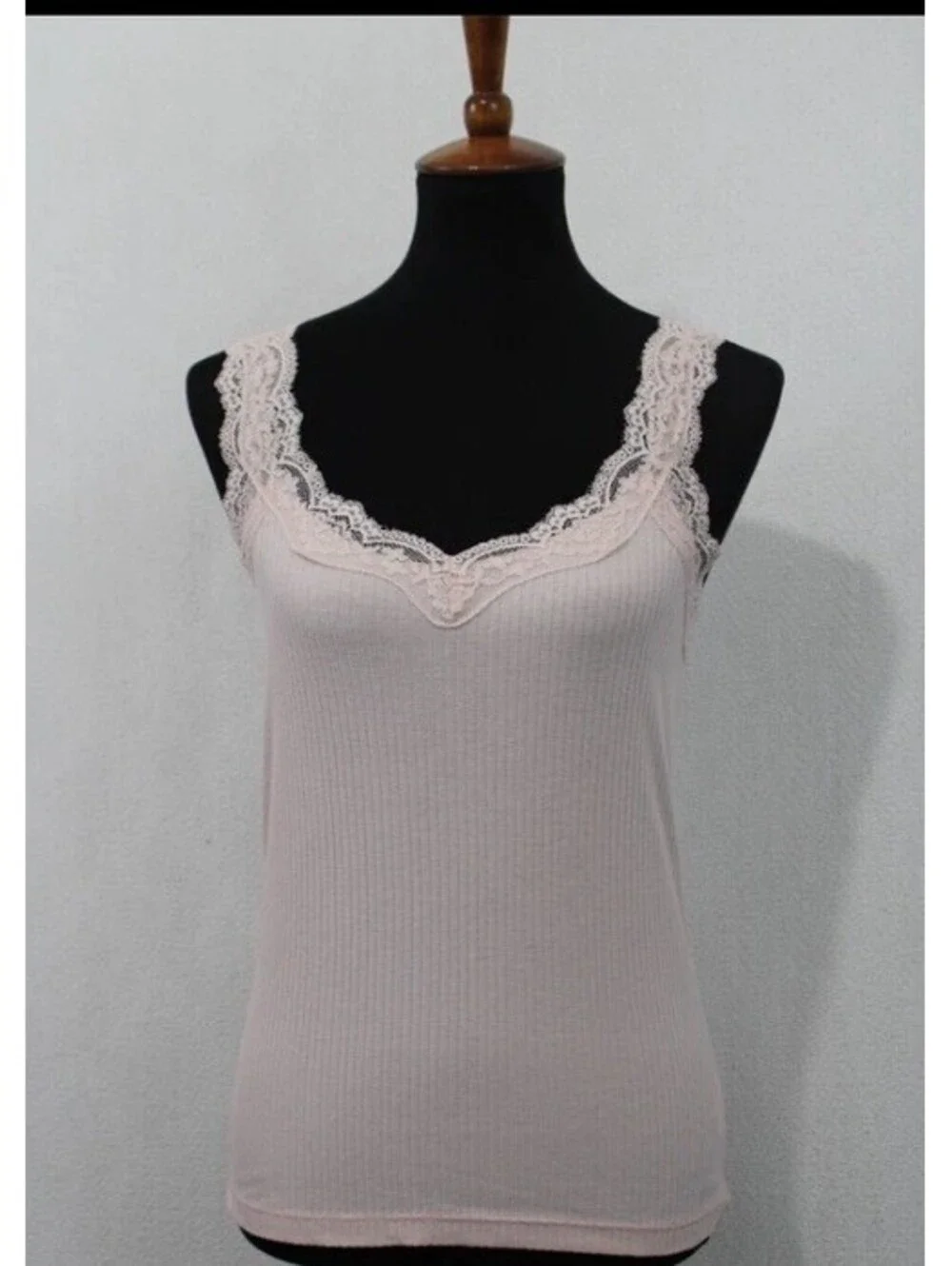 J Crew M Blush Pink Rib Knit Sleeveless Camisole Top Wide Lace Straps & Collar